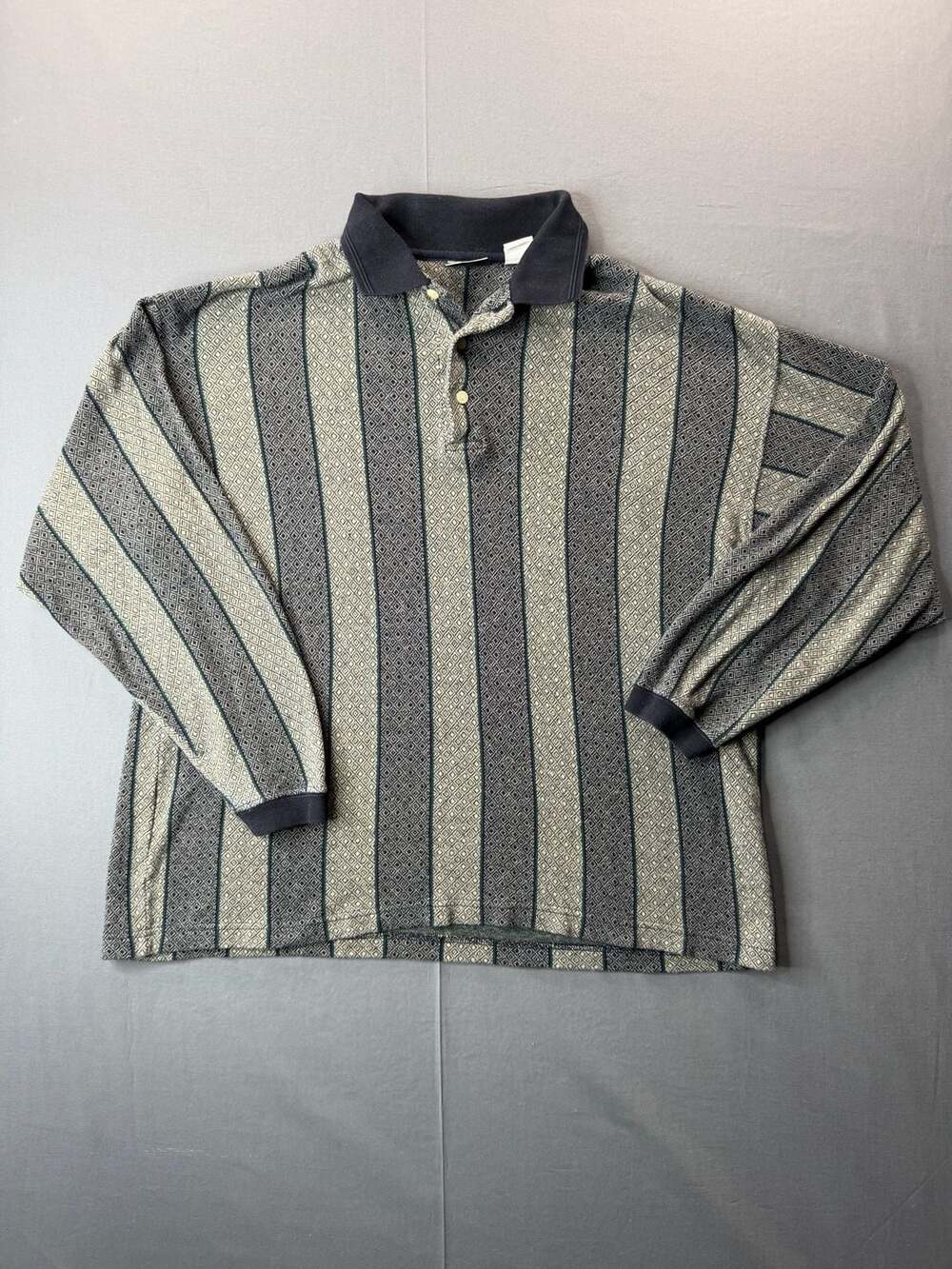 Vintage Bugle Boy Geometric Long Sleeve Jacquard Striped Polo Shirt Medium
